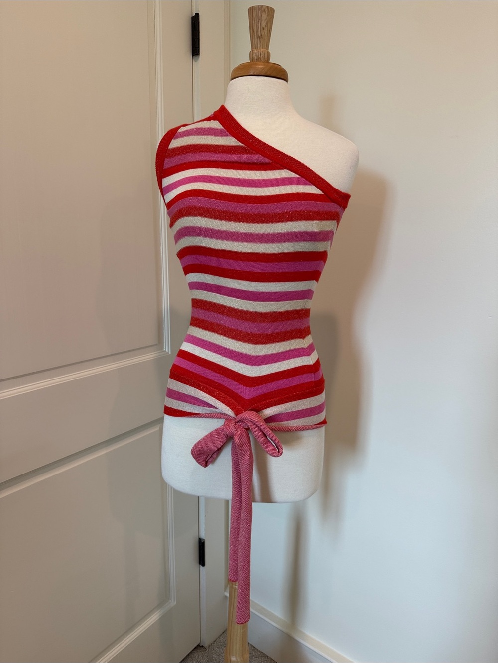 One-Shoulder Striped Tie-Waist Top in Red and Pink